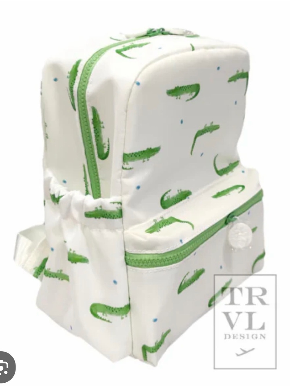 Kids White Backpack with Green Alligator Print